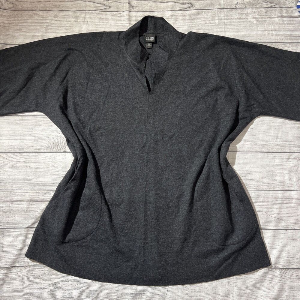 Eileen Fisher Wool Cape Poncho Pullover Pockets Charcoal Gray Sz M